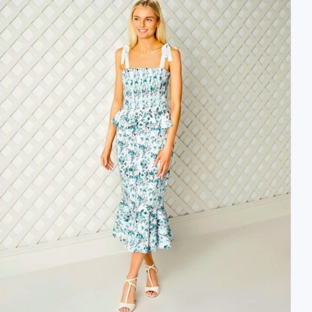 ANTONIO MELANI White & Teal Floral Midi Dress NWT